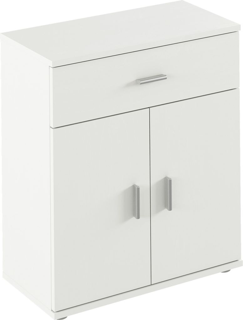 A white two-door cabinet with a drawer on top, shown from a slightly elevated angle against a white background.