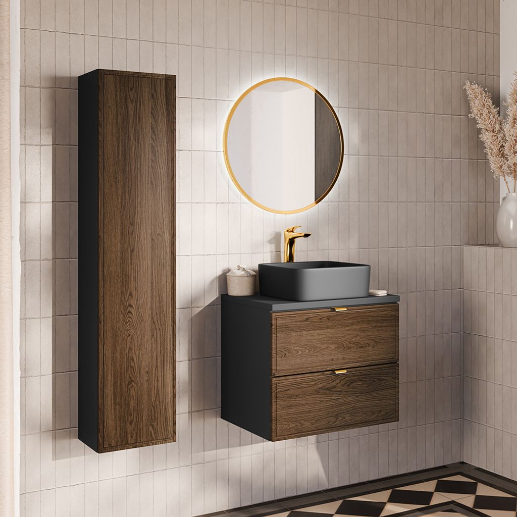 Badmöbel-Set 3-teilig mit 60 cm Waschtisch und LED-Spiegel in Eiche und schwarz - TARSIA-56