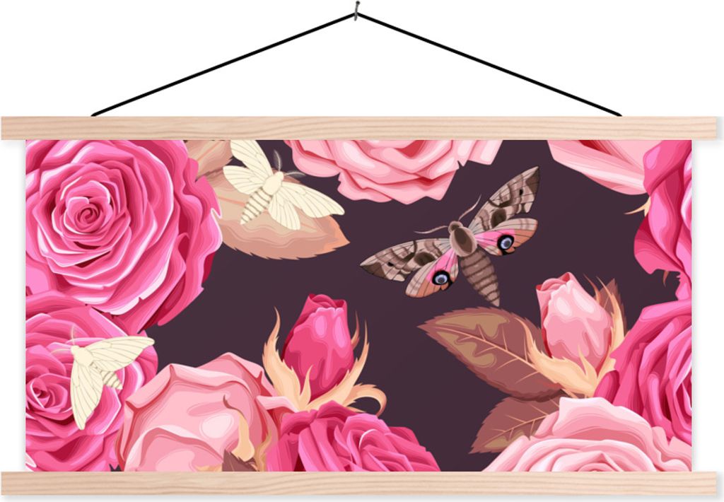 MuchoWow Textilposter Rosen - Schmetterlinge - Rosa 60x30 cm mit holzfarbenen Rahmen - Dekoration