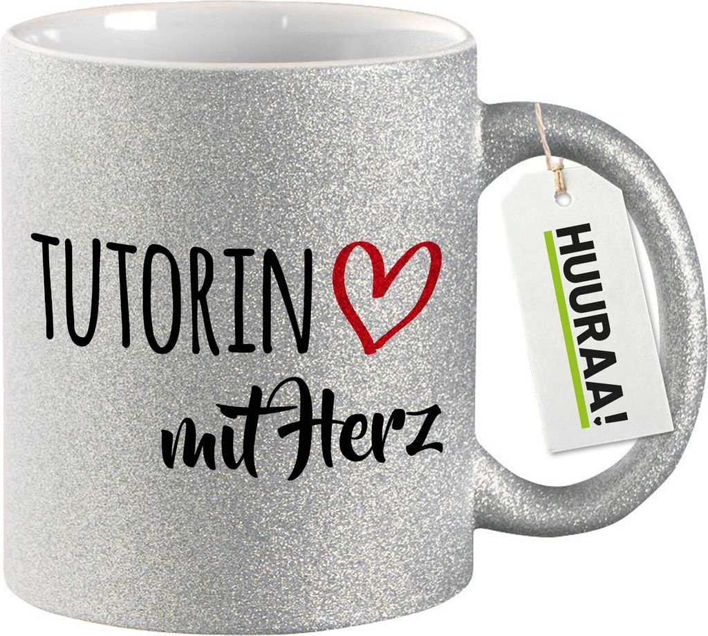 Huuraa Glitzertasse Tutorin mit Herz 330ml Silber Keramik Kaffeebecher Geschenkidee