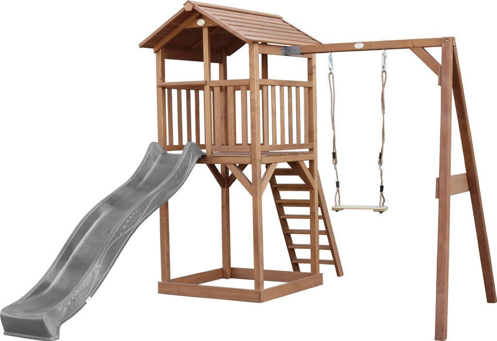 AXI Beach Tower Spielturm aus Holz in Braun | Spielhaus für Kinder mit grauer Rutsche, Schaukel und Sandkasten | Stelzenhaus für den Garten