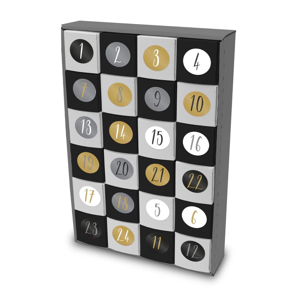 itenga SET Adventskalender zum Füllen Würfel 5cm (außen grau) + Sticker Z52 + V17 schwarz weiß