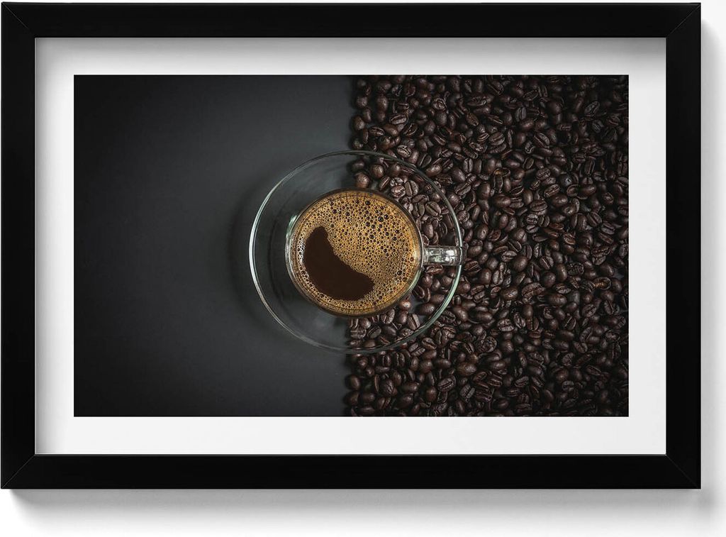 Kaffee und Bohnen– Wandbild mit Rahmen – Gerahmtes Bild – Wanddekoration – 30x20 cm – Schwarz Rahmen