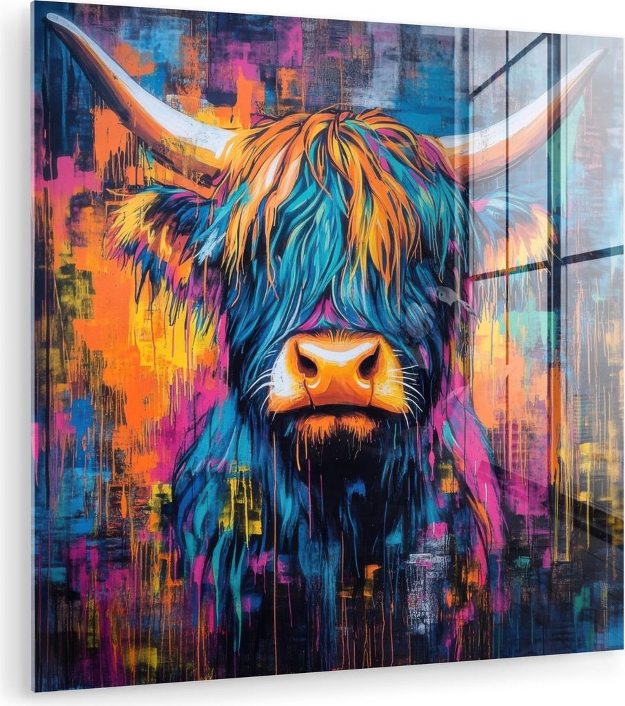 MuchoWow Glasbilder - Bilder auf Wandbild - Foto auf Glas Schottisches Hochlandrind - Abstrakt - Farbenfroh 50x50 cm Wanddekoration aus Glas - Acry...