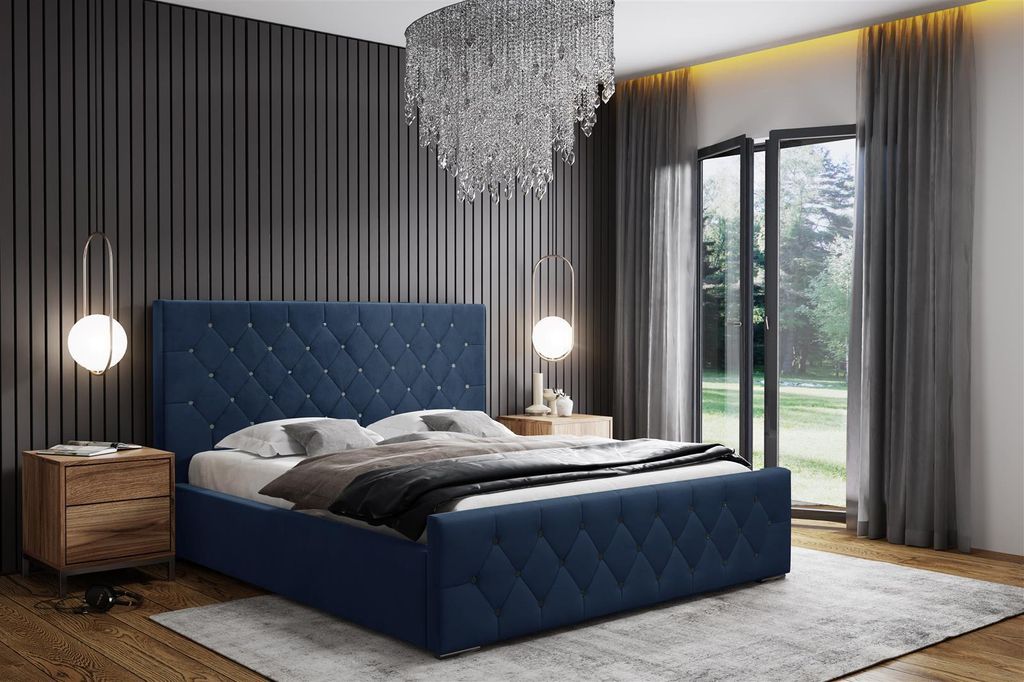 Polsterbett SEVILLA Magic Velvett, Lattenrost mit 32 Lamellen, großer Bettkasten, SWAROVSKI-Elements am Kopf- und Fußteil blau (Magic Velvet 2216...