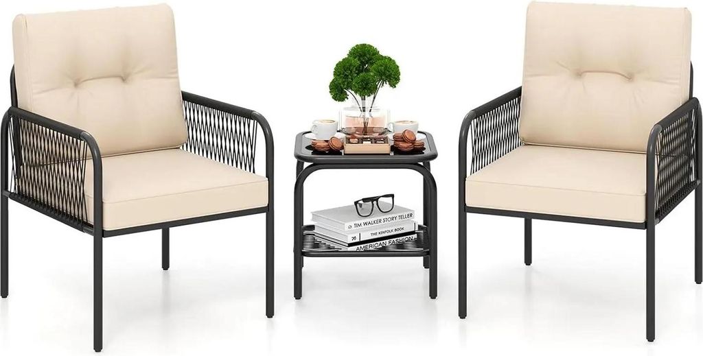 Rattan & Polyrattan Gartenmöbel-Set - 3-teiliges Balkon-Set - 2 Stühle + Tisch - Kissen inklusive - Wetterfest - Montage erforderlich - Schwarz