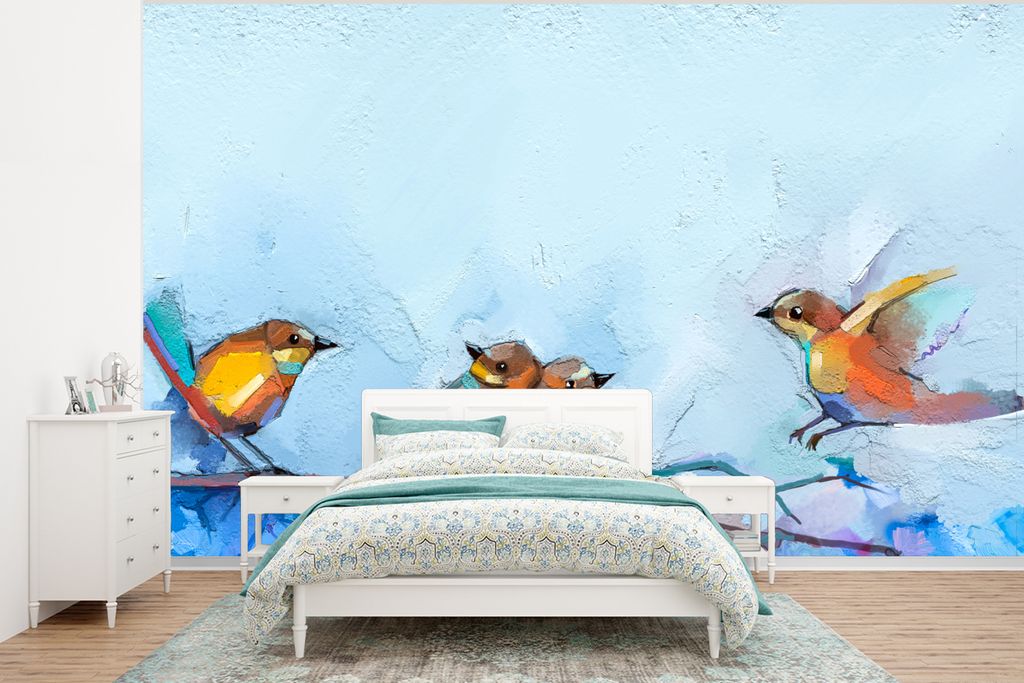 MuchoWow Fototapete für Wohnzimmer oder Schlafzimmer Wandtapete Vinyl Motivtapete Gemälde - Ölfarbe - Vogel - Zweig - 320x240 cm - Tapeten