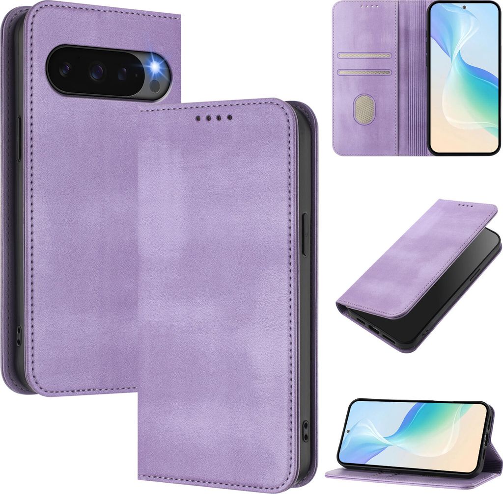 Handyhülle für Google Pixel 10 Pro XL, Vintage Leder RFID Schutz Kartenfach Standfunktion Magnetische Klapphülle Violett