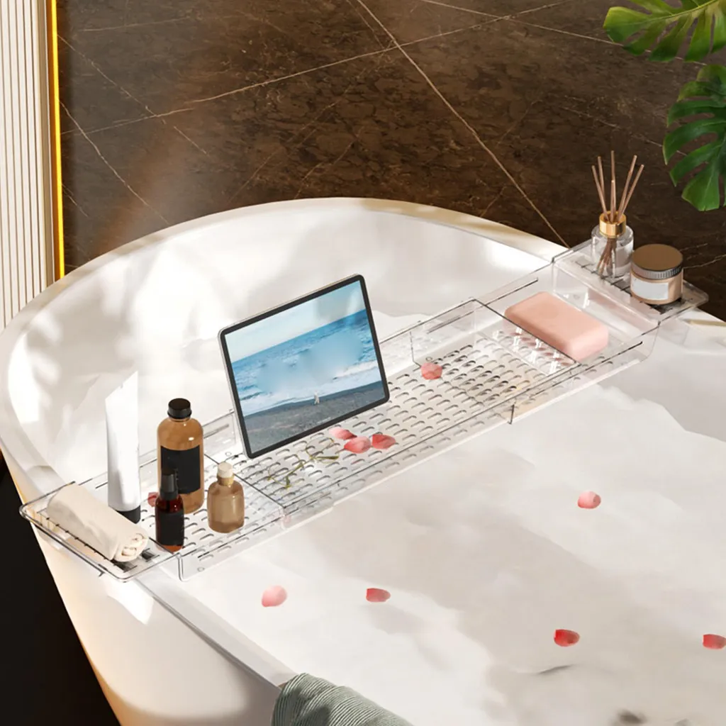 Tablette de baignoire transparente en PET extensible, réglable 52-80cm
