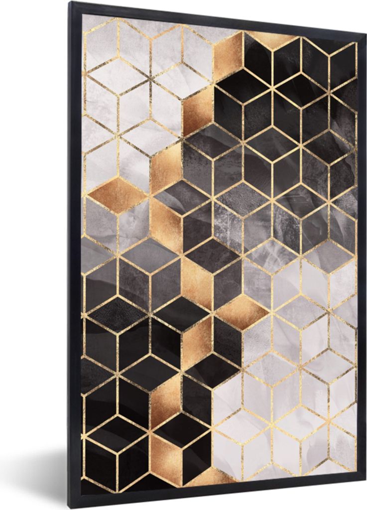 MuchoWow Gerahmtes Poster Abstrakt - Würfel - Gold - Muster - Schwarz - Weiß 40x60 cm - Poster mit Schwarzem Bilderrahmen Wandposter Rahmen Fot...