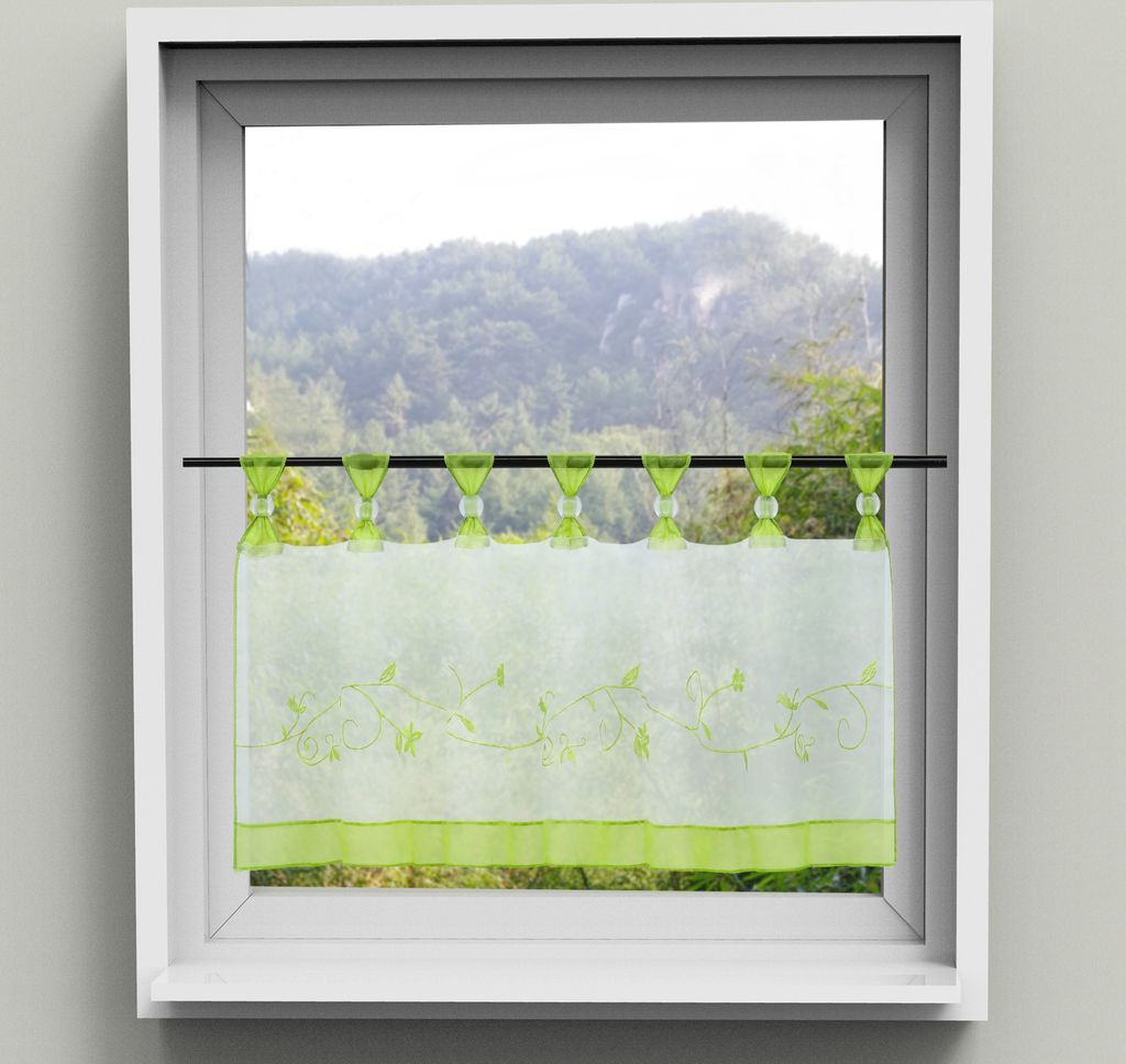 Scheibengardine Küchengardinen Kurzstore mit Schlaufen Voile Bistrogardinen mit Blumen-Stickerei Grün BxH 120x45 cm
