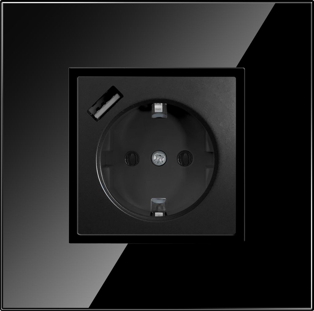 1-fach Steckdose + USB Schwarz Komplett mit Glasrahmen Schuko 230V QUADRA