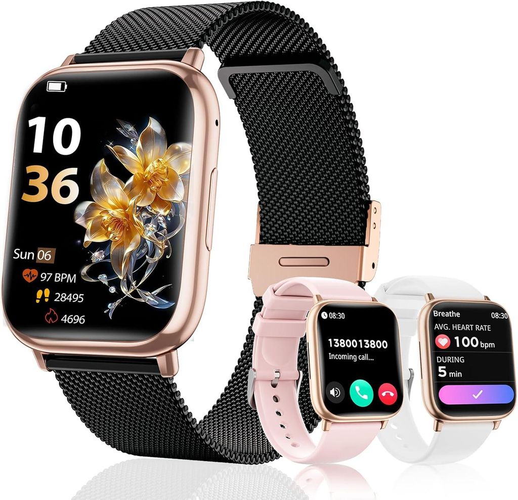 Smartwatch Damen mit Telefonfunktion, 3 Armbänder 1.83" HD Smart watch mit 24H Pulsmesser SpO2 Schlafmonitor IP68 Wasserdicht 120+ Sportmodi Schri...