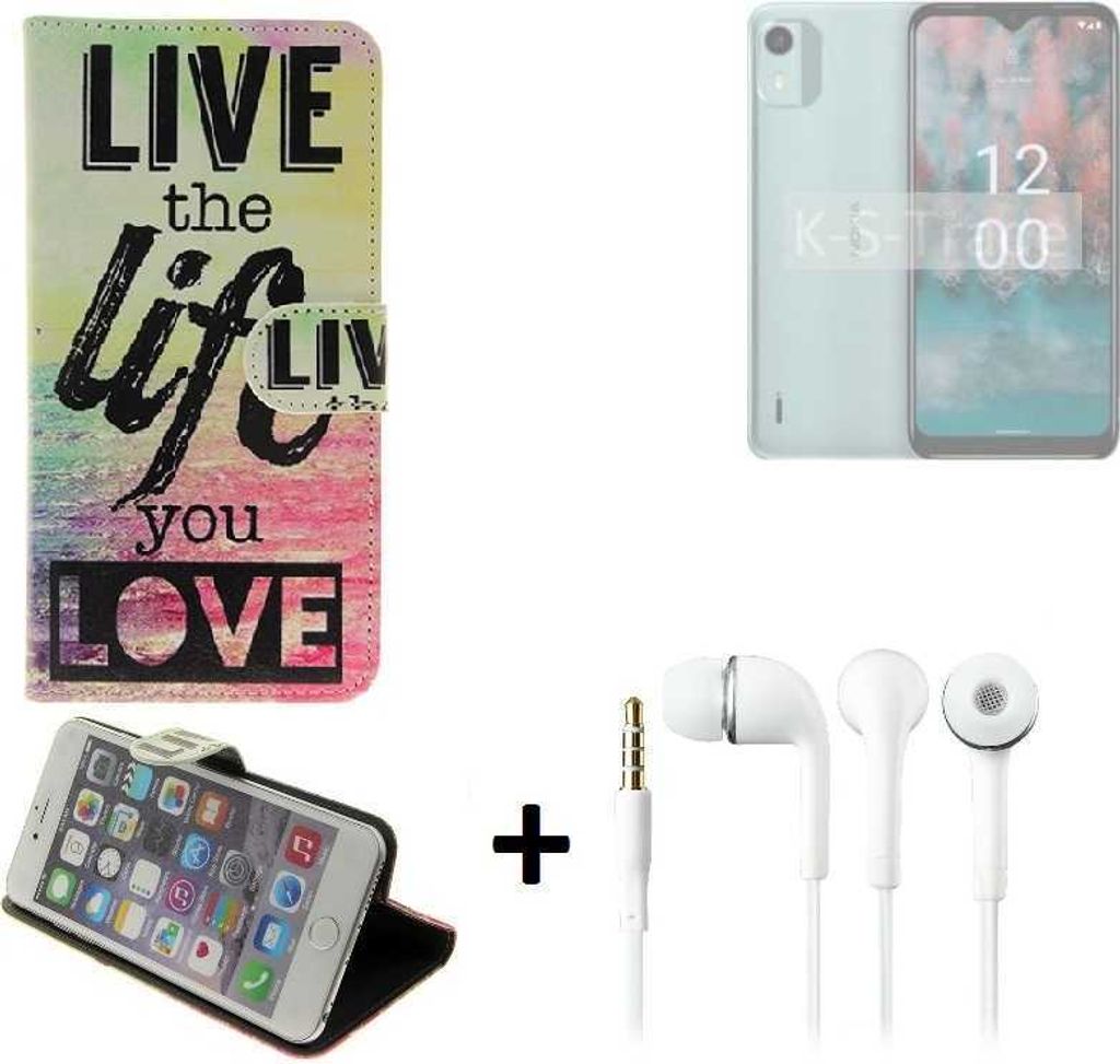K-S-Trade Schutz Hülle kompatibel mit Nokia C12 Pro 360° Wallet Case “live life love“ Tasche Handy Hülle Etui Smartphone Flip cover