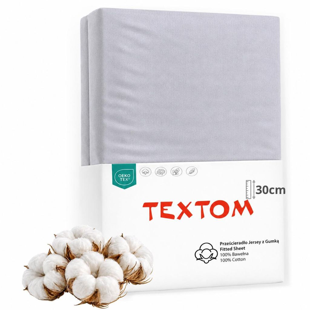 TEXTOM Jersey Spannbettlaken 100% Baumwolle 180x200 cm Hellgrau für Matratzen bis 30 cm Steghöhe