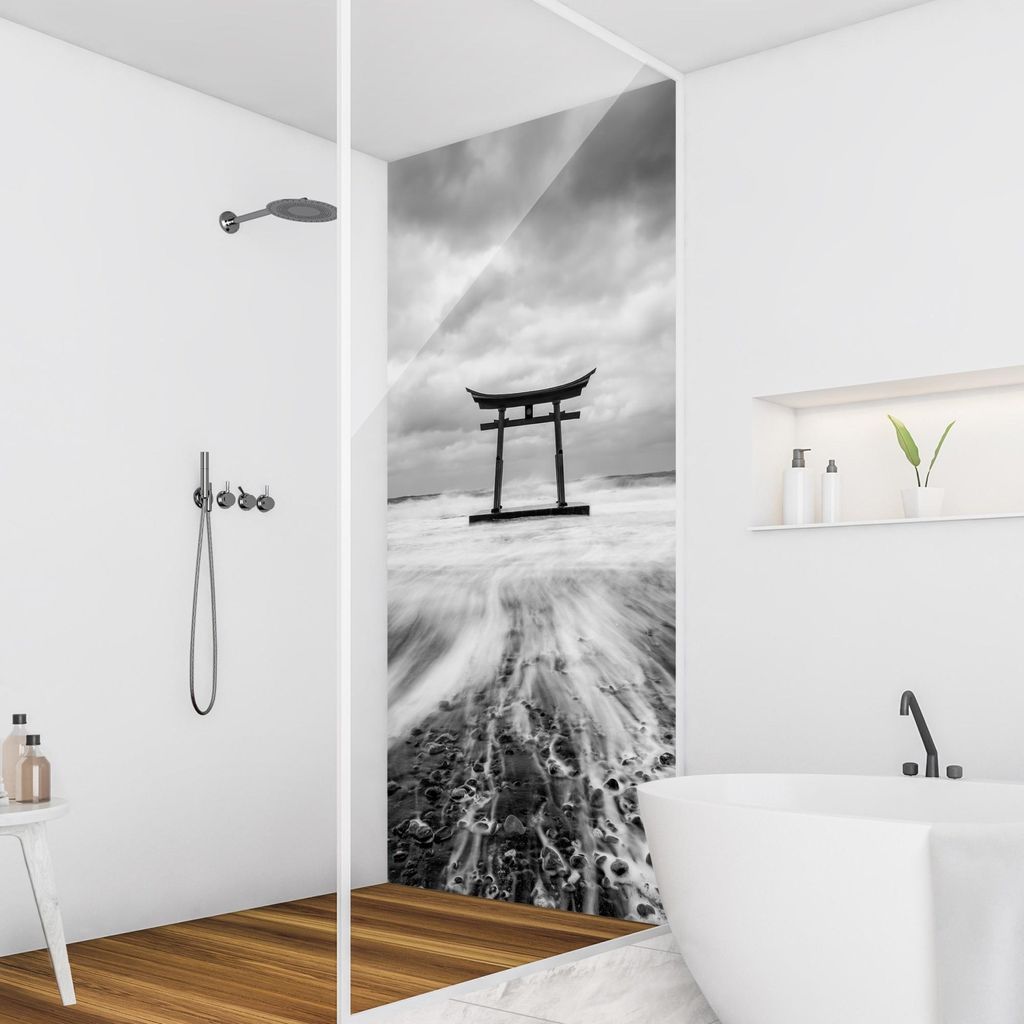 Duschrückwand Stadt selbstklebend - 0.61 mm Wandpaneel wasserfest Asien schwarz weiss Motiv Badrückwand fugenlos Premium matt 110x210 cm