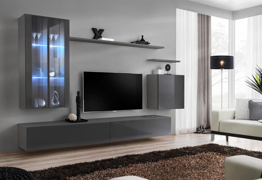 Wohnwand Grau Wohnzimmermöbel Wandschrank Holzmöbel Luxus Sideboard Neu