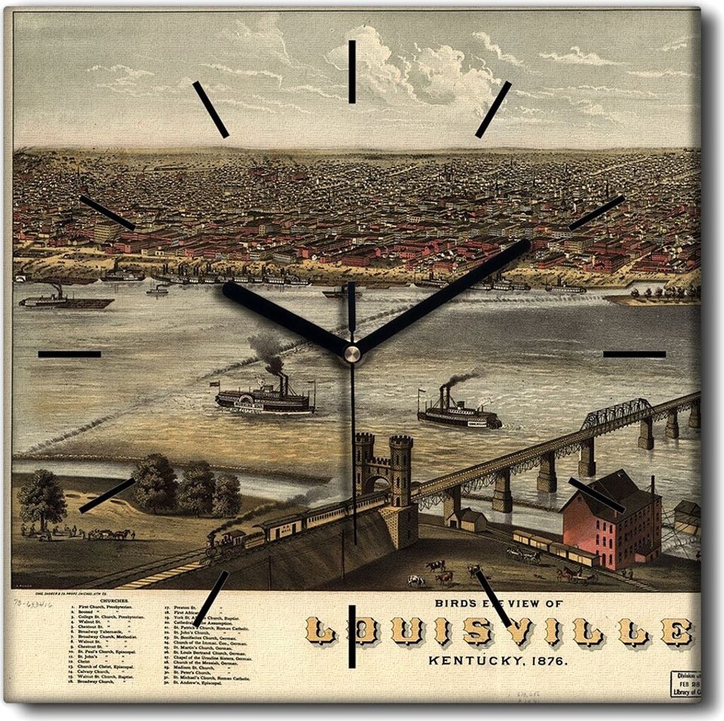 Coloray Uhr auf Leinwand 30x30 cm Wand Uhr Dekoration Wohnzimmer Segeltuch schwarze Hände -Karte von Louisville Vintage