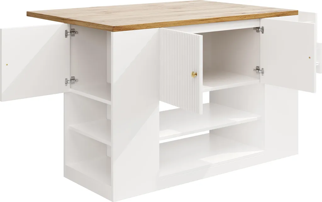 Petite cuisine optimisée : Table de bar blanche avec armoire de stock - 9