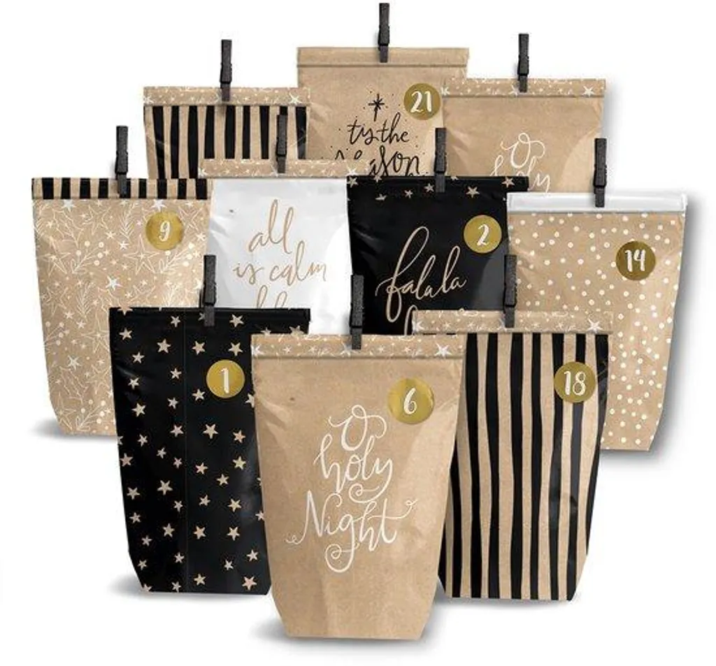 Calendrier De L'Avent DIY – 24 Sacs Kraft Avec Autocollants Numéros Et Pinces à Linge En Bois – Animaux De La Forêt – Idéal Pour Remplir