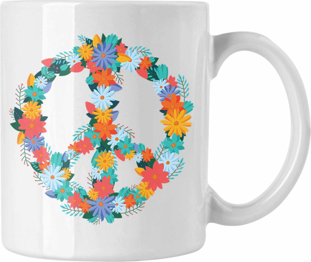 Trendation - Peace Zeichen Tasse Frieden Hippie 90er 80er Grafik Geschenk Blumen (Weiß)