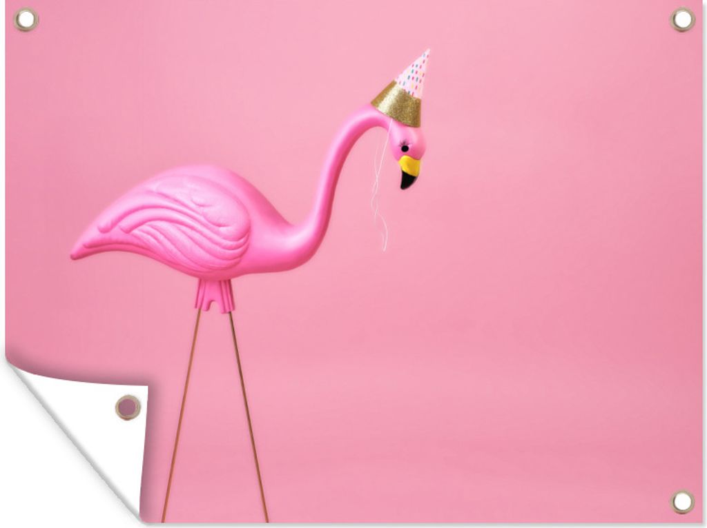 MuchoWow 80x60 cm Outdoor-Poster Gartendeko Sichtschutz Garten Poster für den Garten Rosa Flamingo mit einem Partyhut