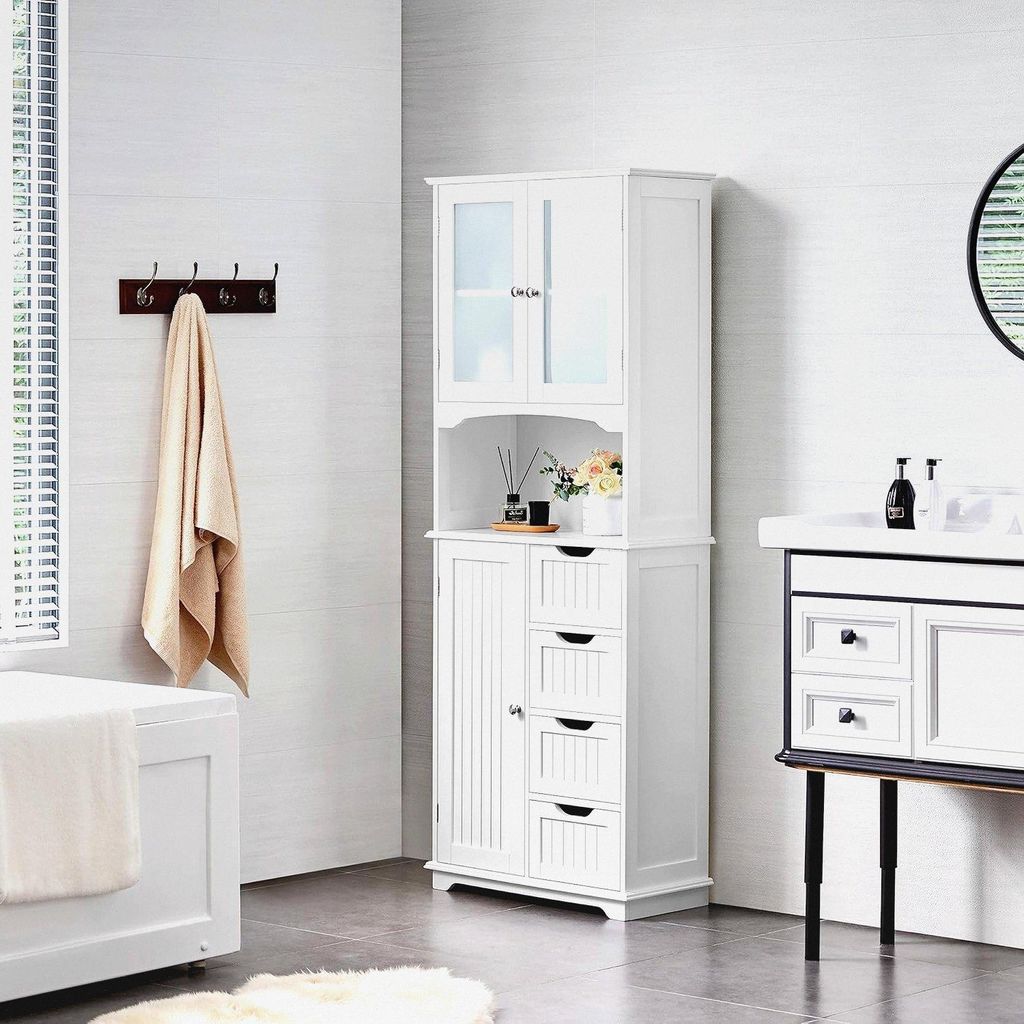 Badezimmerschrank Hochschrank Badschrank Küchenschrank mit Glastüren & Ablagefach Aufbewahrungsschrank Badkommode mit 4 Schubladen und verstellba...