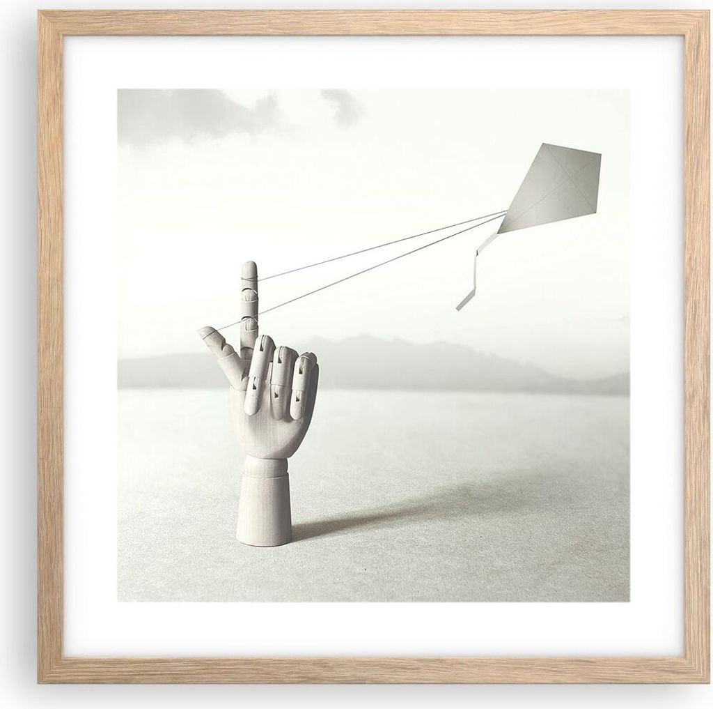 Gerahmtes Poster - Rahmen in heller Eiche - Modern Hand Drachen - 40x40 cm - Wand Bild - Wanddeko - Wandbilder - Kunstposter - Wandposter - Bilderr...