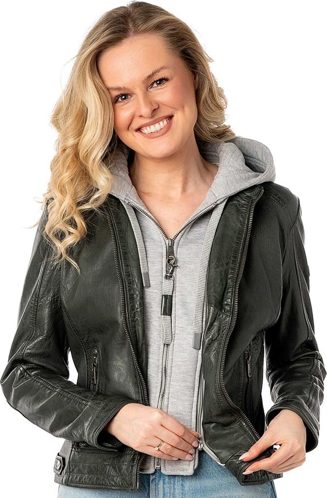 Mauritius - Damen Lederjacke Lammnappa Kapuze dark olive : XXL