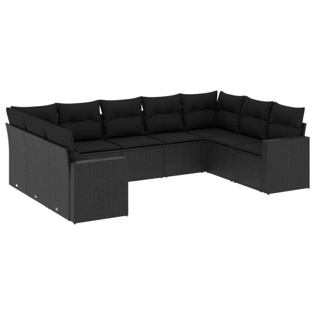 vidaXL 9-tlg. Garten-Sofagarnitur mit Kissen Schwarz Poly Rattan