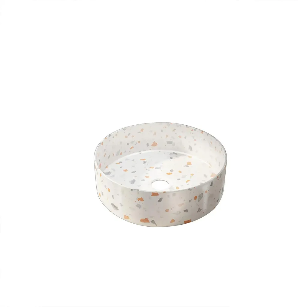 Vasque à Poser Ronde 35 cm Céramique Blanche Motif Terrazzo Confetti
