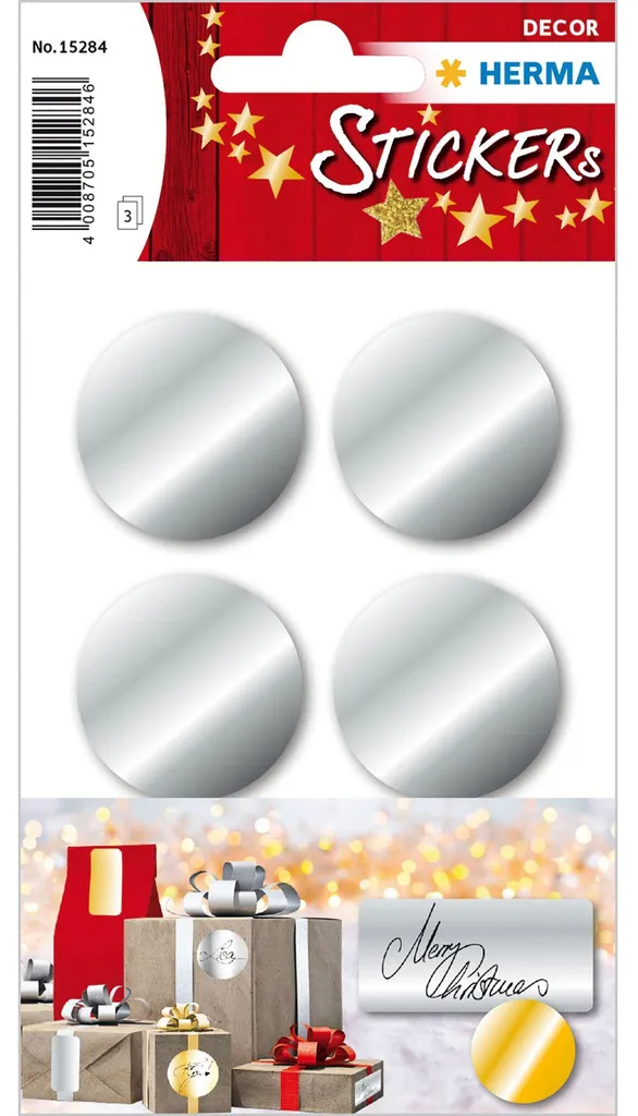 Autocollants de Noël ronds argentés Ø 32 mm décoratifs pour emballages
