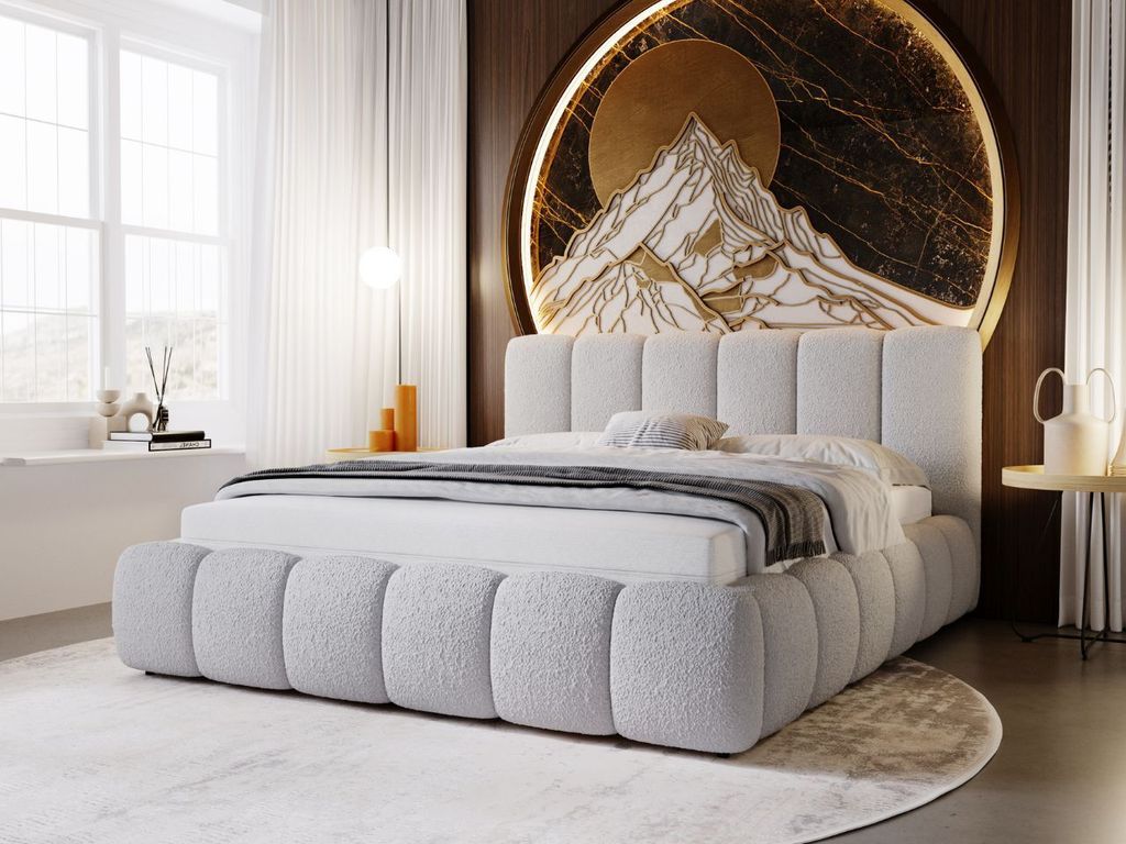 GrainGold Polsterbett Cloud 140x200 cm - Bett 140x200, Polsterbett mit Bettkasten & Lattenrost - Bouclé-Stoff - Bett Hellgrau (Anthology 15)