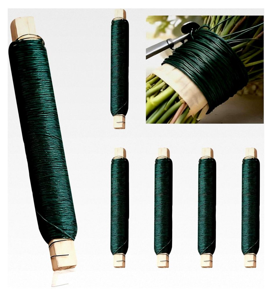 Grüner Blumendraht 6er Set, 0,70 mm x 35 m Bindedraht auf Holzspule, stabiler Basteldraht für Blumen, Pflanzen und Gartenarbeiten