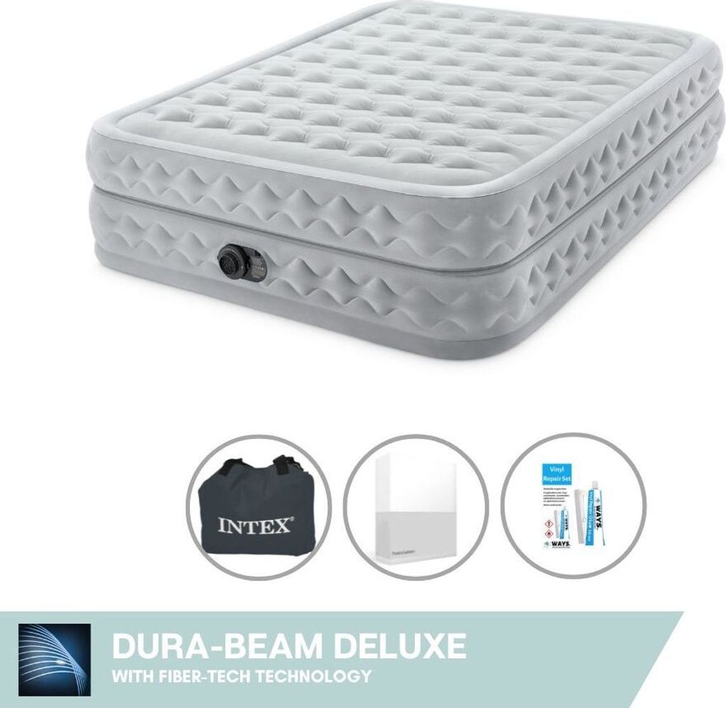 Intex Luftbett - 2 Personen - 152 x 203 x 51 cm - Grau - Mit eingebauter Pumpe + Spannbettlaken Weiß + Reperaturset