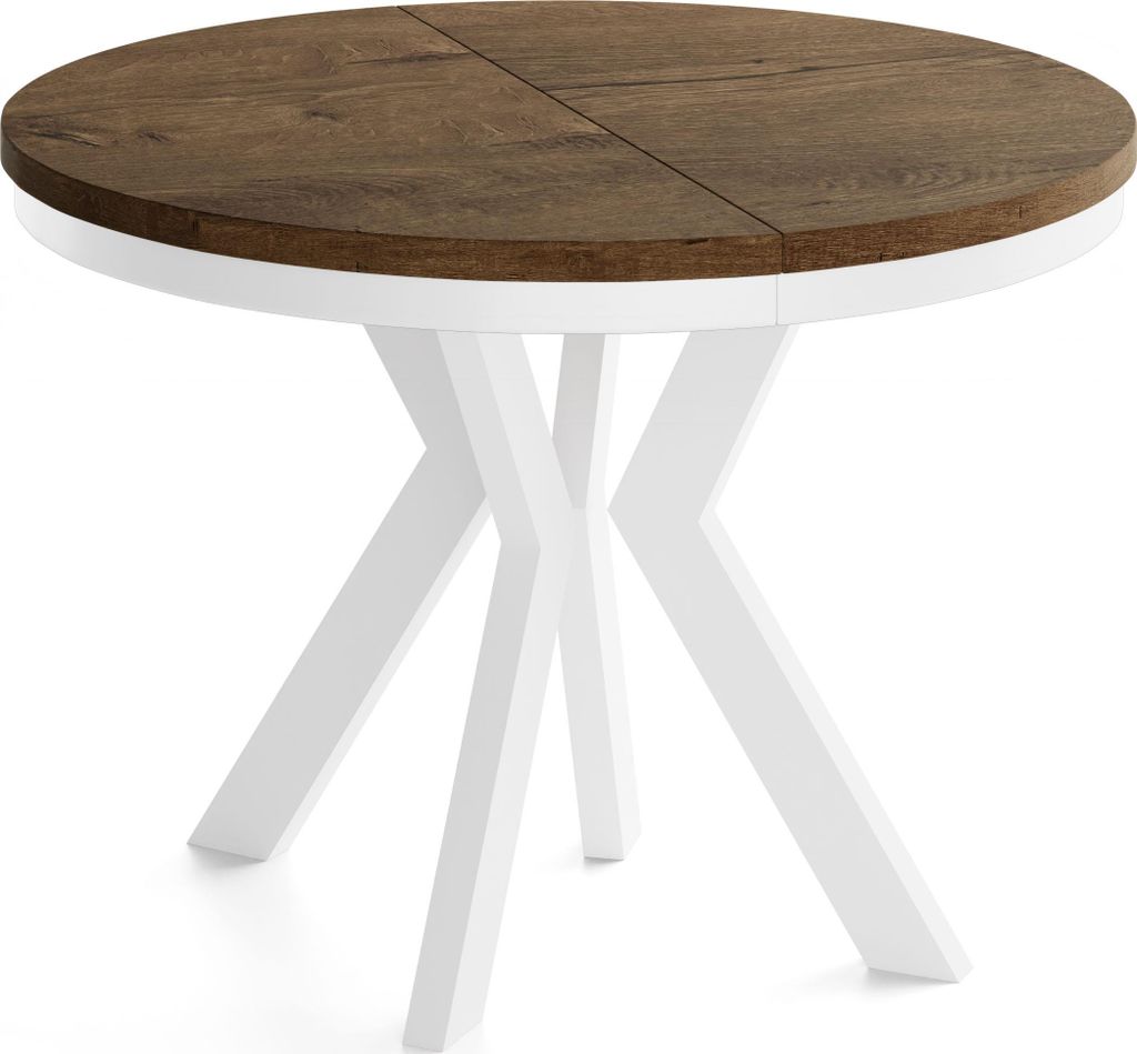 Runder Esstisch Ausziehbar 90-190 cm – Verlängerbar, für 5-9 Personen mit Weißen Holzbeinen & Metallring – Tisch für Wohnzimmer & Esszimmer...