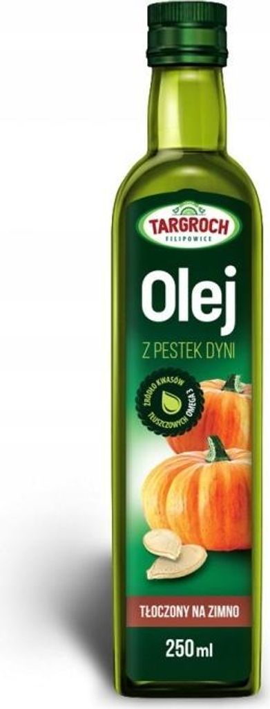 A bottle of pumpkin seed oil on a white background.