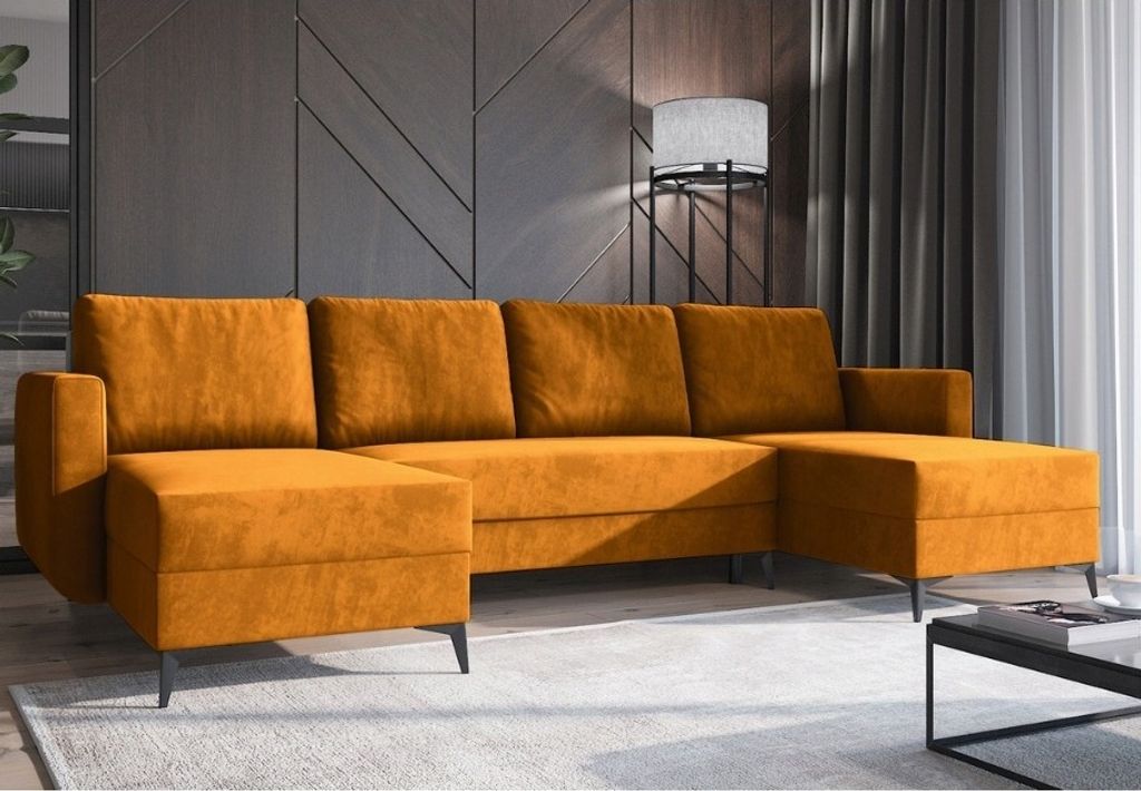 Easy4You Ecksofa Gelb JORD U-Form – 303x94x145 cm - Schlafsofa mit Bettkasten und Schlaffunktion - Eckcouch mit Stauraum, Metallfüße und Kissen...