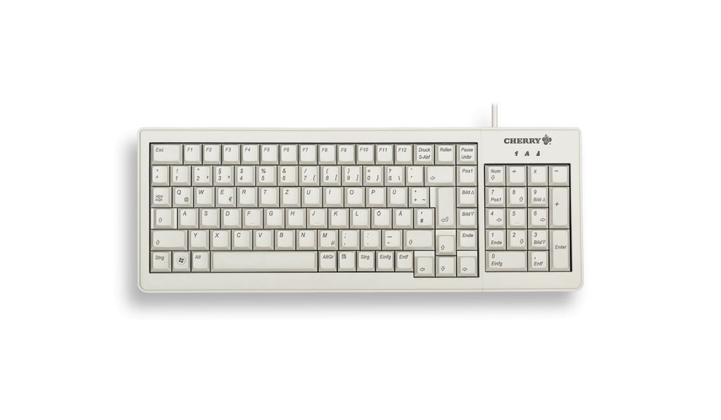 A top-down view of a gray and white Cherry keyboard on a white background.