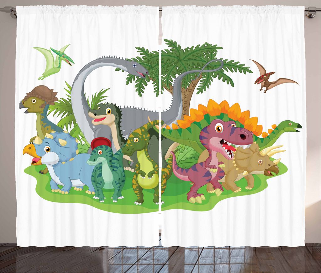 ABAKUHAUS Bunt Rustikaler Vorhang, Cartoon-Gruppe Dinosaurier, Wohnzimmer Universalband Gardinen mit Schlaufen und Haken, 280 x 225 cm, Mehrfarbig