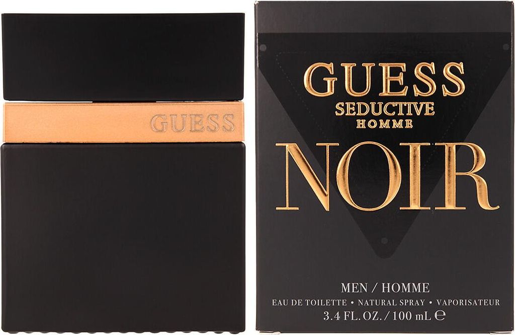 A black perfume bottle and its packaging are shown side-by-side.