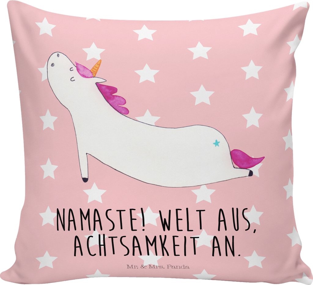 Mr. & Mrs. Panda kissen bedruckt Einhorn Yoga - Rot Pastell - Geschenk, Entspannung, Kuschel, Unicorn, Dekokissen, Sport, Namaste, für sofa, kusch...