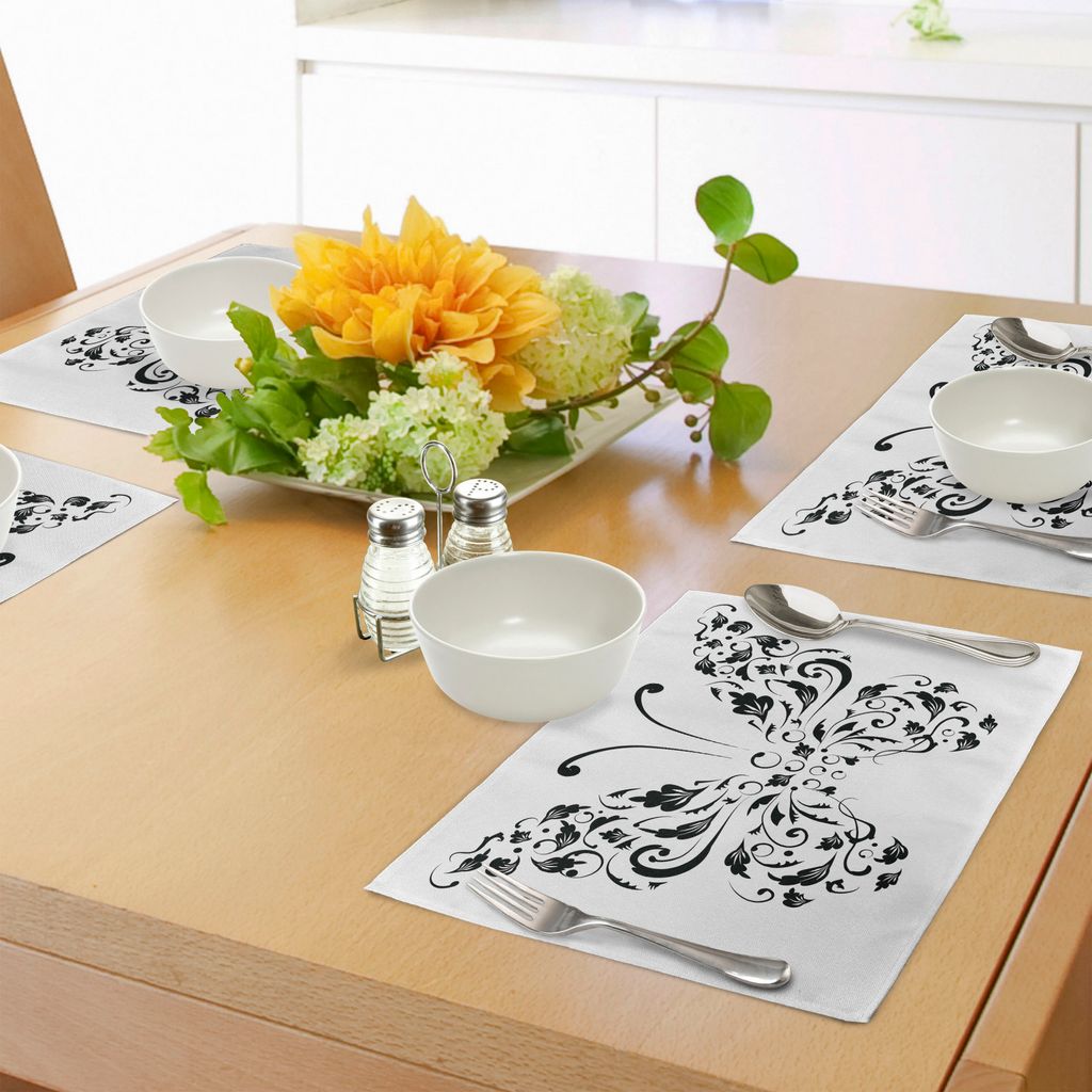 ABAKUHAUS Schmetterling Platzmatten, Schattenbild der Motte mit Strudel-Blumenblüten-Linie Geist-Tier-Illustration, Tiscjdeco aus Farbfesten Stoff...