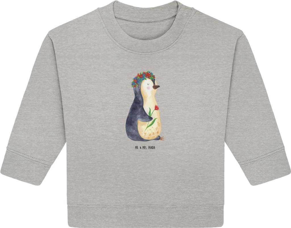 Mr. & Mrs. Panda Organic Baby Pullover Pinguin Blumen 6. - 12. Monat - Heather Grey - Geschenk, Blumenkranz, Liebeskummer, Wunderschön, Bullover, ...