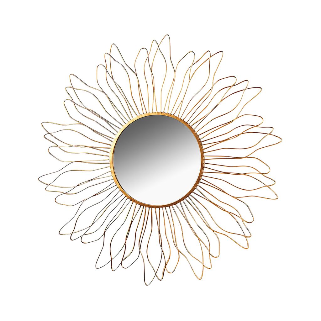 A decorative wall mirror with a sunburst-like frame.