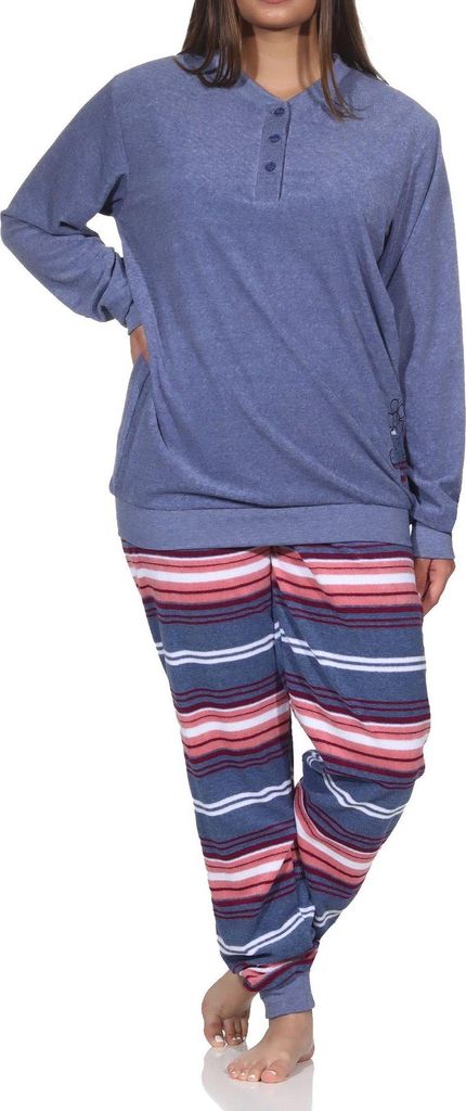 Normann Damen Frottee Schlafanzug lang mit Bündchen - Hose gestreift - auch in Übergröße ; blau-mel. , 36-38