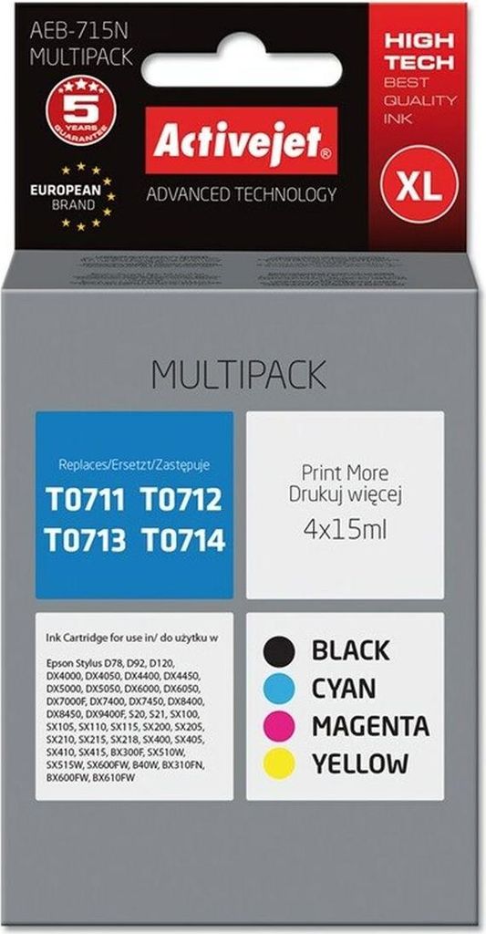 Activejet AEB-715N Tinte (Ersatz für Epson T0715; Supreme; 4 x 15 ml; Schwarz, Magenta, Cyan, Gelb)