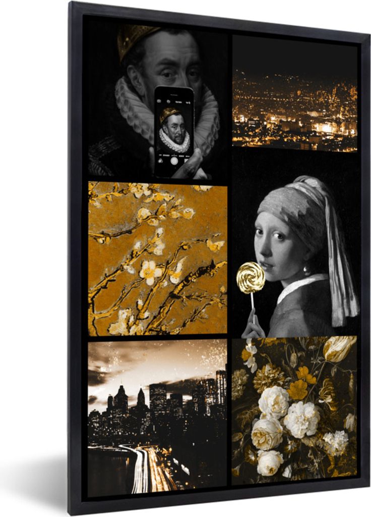MuchoWow Gerahmtes Poster Collage - Kunst - Gold - Schwarz 60x90 cm - Poster mit Schwarzem Bilderrahmen Wandposter Rahmen Foto Bilder - Kunst
