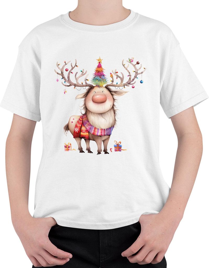 Weihnachtsrentier niedlich buntes Geweih Weihnachtsbaum Geschenk Uni Kinder T-Shirt, Weiß, 116