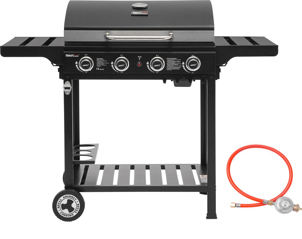 Royal Gourmet Gasgrill 4 Brenner, 12 kW BBQ-Gasgrill Grillwagen mit Seitenablagen und Flascheregal, Campinggrill für Outdoor Garten Party Schwarz